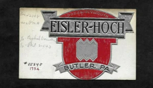Etiqueta de concesionario Dodge Plymouth Eisler-Hoch de colección... Archivo Angell MFG - Imagen 1 de 2