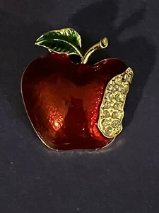 Gold Tone Red Enamel & Rhinestone Bitten Apple Brooch  - Picture 1 of 4
