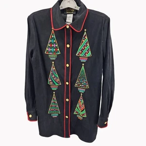 Camisa Bob Mackie Pequeña Usable Arte Árbol de Navidad Abotonada Corre Grande - Imagen 1 de 10