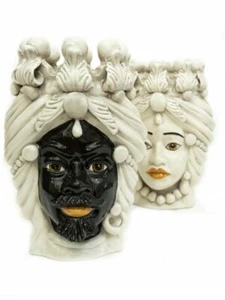 Coppia teste di moro re e regina fumè in ceramica siciliana di Caltagirone 30 cm - Imagen 1 de 5