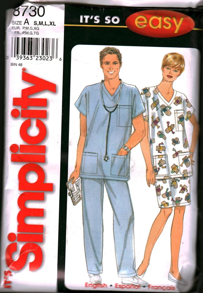 8730 Vintage Simplicity SEWING Pattern Mens Miss Top Skirt Pants Uniform Scrubs - Image 1 of 2