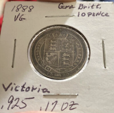 1888 10 Cent Pence Coin Victoria .925 Silver VG Grade .17oz - Image 1 of 2