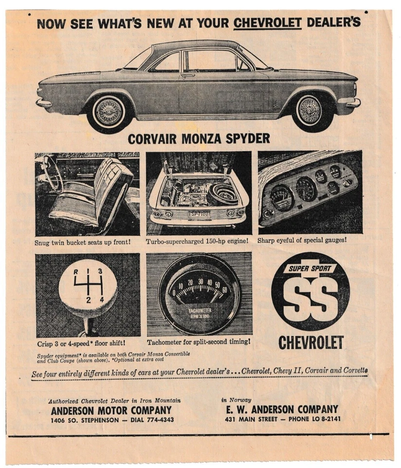 E.W. ANDERSON CHEVROLET CORVAIR MONZA SPYDER SUPER SPORT SS 1963 print ad - Image 1 of 1
