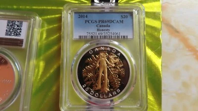 2014 CANADA $20 HONESTY GOLD GILT SILVER PF PR 69 EARLY RELEASE 1 oz .9999 - Image 1 of 3