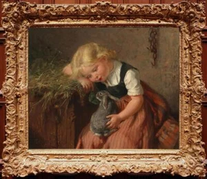 Handmade Old Master-Art Antique Oil Painting Female Rabbit girl on Canvas 20x24" - Picture 1 of 2