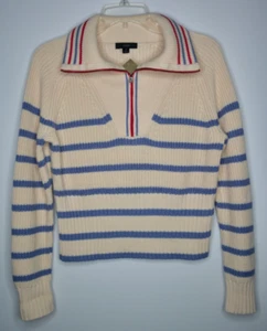 J Crew Women's Small Cotton Cashmere 1/2 Zip Ivory Pullover Sweater Blue Stripe - Picture 1 of 4