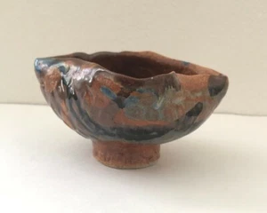 Vintage handgefertigte Keramik braun blau dreifach gefaltete Schale signiert - Bild 1 von 8