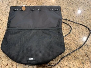 Victorias Secret Pink Drawstring Bag Black with Mesh Outer Pockets New Womens - Picture 1 of 2