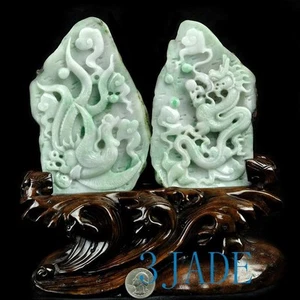 2 Natural Jadeite Jade Carving: Dragon Phoenix Statues / Sculpture certified - Picture 1 of 12