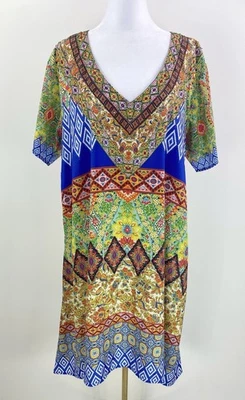Ruby Yaya Embellished Print Kaftan Dress Size XL Short Sleeve Tunic Colourful - image 1 of 4