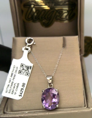 COLLAR COLGANTE SOLITARIO OVALADO AMATISTA NATURAL $429 -💥5CTTW -SS/14K PL/925 Foto 1 de 4