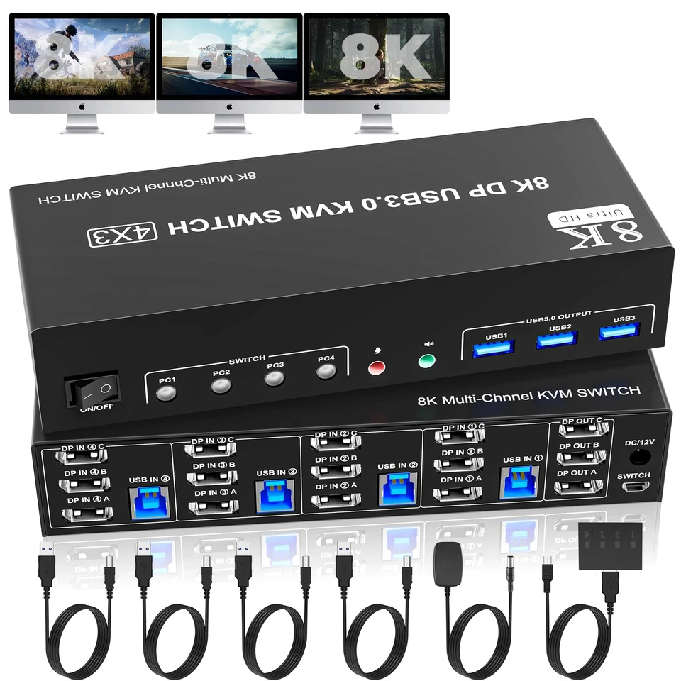 8K@60Hz DisplayPort 3 Monitors 4 Computers KVM Switch, DP 1.4 KVM Switch 4K@1... - Image 1 of 4