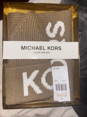 MICHAEL KORS Fisherman rib knit women's winter scarf  & beanie hat Tan  2 PC SET - Image 1 of 4