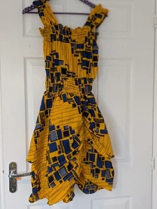 Women's Traditional African Ankara Print Yellow Blue Squares Dress UK Size 12 - Picture 1 of 6