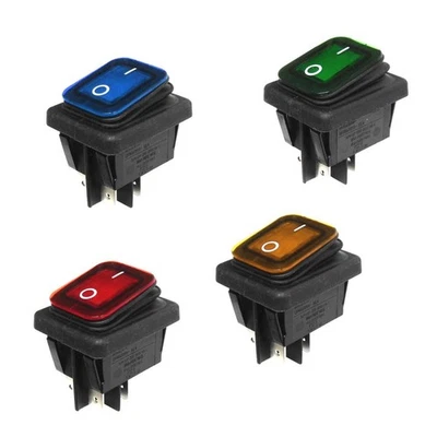 Set of 4 IP65 Control Rocker Switch 30x22mm 2 Pole ON/OFF 16A Red/Blue/Green/Yellow - Image 1 of 2