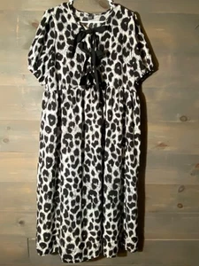 Shein Black Gray Print Loose Fit BoHo Swing Empire Waist Dress Sz L tie front - Picture 1 of 10
