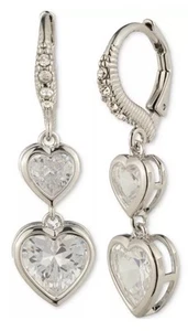 Givenchy Silver-Tone Crystal Double Heart Leverback Drop Earrings - Picture 1 of 5