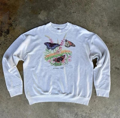Sudadera Jardín Mariposa Vintage Años 90 Para Hombre XL Blanca Naturaleza Fruta del Telar Foto 1 de 4