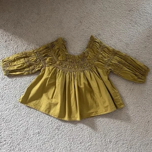 Free People CeCe Poplin Ruched Mustard Smocked Blouse XS - Picture 1 of 7