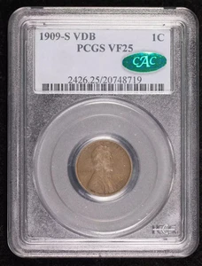 1909 S Small Cents Lincoln, Wheat Ears Reverse PCGS VF-25 BN CAC CAC - Picture 1 of 4