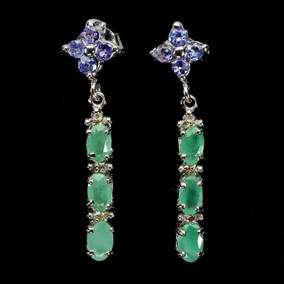 Pendientes de plata de ley 925 ovalados esmeralda zafiro tanzanita piedras preciosas joyería Foto 1 de 4