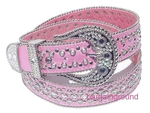 Eleganter Western Mädchen Strass Rosa Druckknopf Schnalle Leder Gürtel M SM - Bild 1 von 1