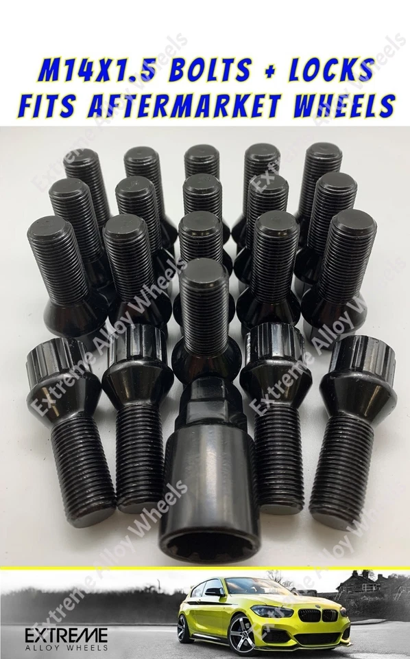 Pernos de aleación para Alfa Romeo 159 Brera Stelvio + pernos de bloqueo negros M14x1.5 Foto 1 de 4