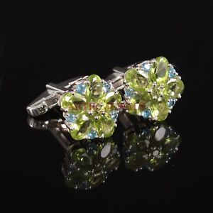 Natural Peridot & Blue Topaz Gemstone with 925 Sterling Silver Cufflink #3612