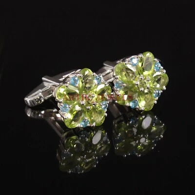 Natural Peridot & Blue Topaz Gemstone with 925 Sterling Silver Cufflink #3612 - Image 1 of 3