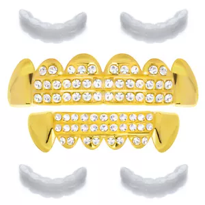 Rapper 3 Row Iced GRILLZ SET Gold Tone Top Bottom Teeth Caps LS 611 G 2 ext Bar - Picture 1 of 4