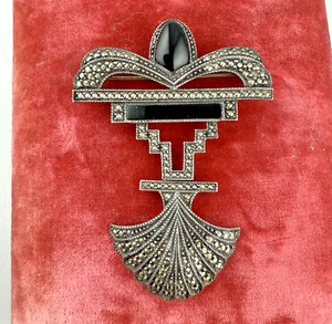 Vtg Judith Jack Brooch Sterling Silver Onyx Marcasite Art Deco 2 Tier Pin Signed - Picture 1 of 7