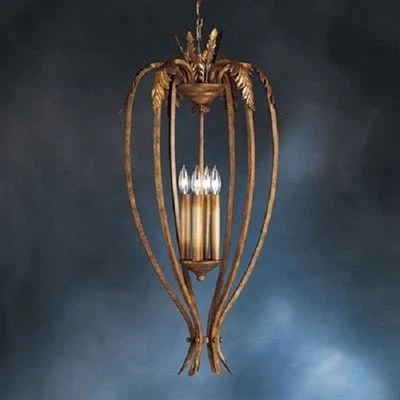 Rustic Gold Finish Chandelier Pendant Stamped Leaf Cabin Lodge Country Light - Image 1 of 4