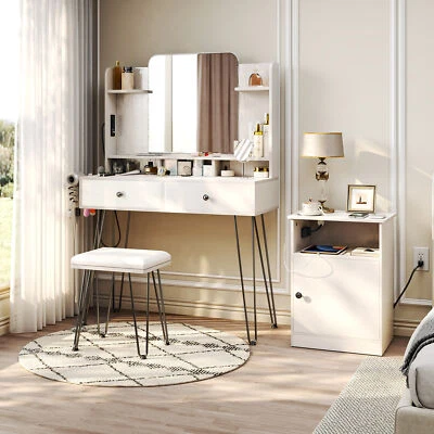 TC-HOMENY Juego de tocador de maquillaje tocador con espejo y central eléctrica y taburete Foto 1 de 4