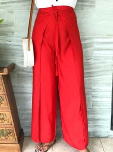 Hippie Women's Palazzo Pant, Wrap Tie Art To Wear Casual, Red Rayon Wrap Pant - Picture 1 of 4