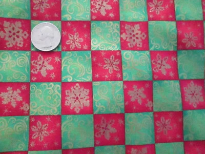 Vtg Estate Find Fabric Christmas Red & Green Check with Gold Snowflakes 44"W  - Image 1 of 4