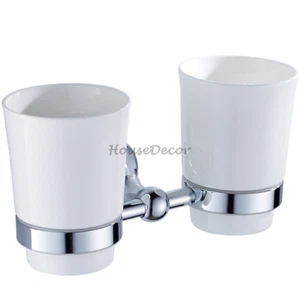 Juego de soporte para cepillo de dientes cromado de latón para baño montado en pared con doble taza de cerámica - Imagen 1 de 4