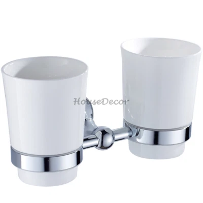 Chrome Brass Bathroom Wall Mounted Toothbrush Holder Set With Double Ceramic Cup - Image 1 of 4