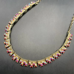 Red Aurora Borealis Rhinestone Collar Necklace Gold Tone Mid Century Vintage - Picture 1 of 7