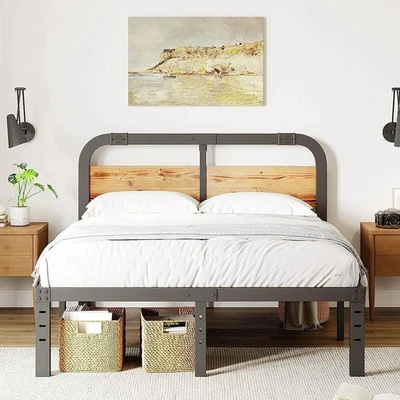 California King Heavy Duty Black Metal Bed Frame With Wood Headboard - Image 1 of 4