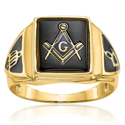 Anillo masónico de ónix de oro amarillo macizo de 14K para hombre Foto 1 de 4