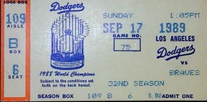Valenzuela 7 Srikeouts No Decision Dodgers Braves MLB Used Ticket Stub 9/17/1989 - Picture 1 of 2