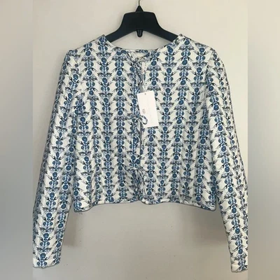 НОВЫЙ! Новый с Ярлыками CAROLINE CONSTAS бант цветочный пэчворк льняная куртка синий/белый размер S - Изображение 1 из 4