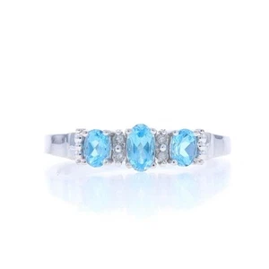 White Gold Topaz Diamond Ring - 10k Oval .64ctw Three-Stone - Picture 1 of 9