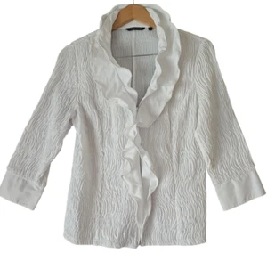 SAMUEL DONG Victorian Ruffle Trim Texured White Zipper Blouse 3/4 Sleeve Cuff L - Picture 1 of 9