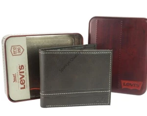 Authentic Levi's Leather Wallet Brown Bi Fold RFID Protection ID Window Flap Tin - Picture 1 of 8