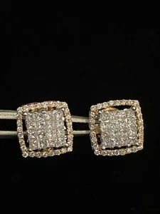 1.14 Cts Round Princess Cut Natural Diamonds Stud Earrings In 585 Fine 14K Gold - Picture 1 of 12