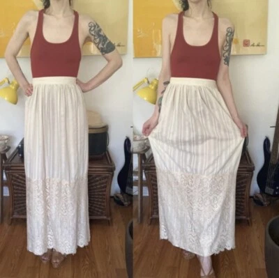 Falda boho romántica vintage años 70 maxi encaje capa mezcla lino cremallera Foto 1 de 4