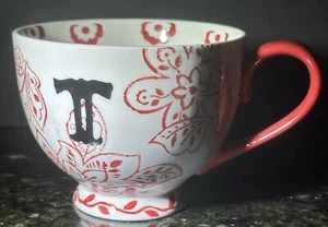 Dutch Wax - Monogramm Initiale T rot & weiß Keramik 16 Unzen Becher Tasse - handbemalt - Bild 1 von 9