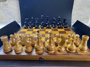 VINTAGE Wooden Chess Set 1970s, Board Marked “Kiev Factory” 37cm =14,5” USSR - Picture 1 of 23