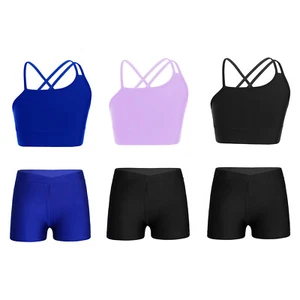 Kids Girls Asymmetrical Sports Strappy Crop Top with V-front Waistband Shorts - Picture 1 of 43
